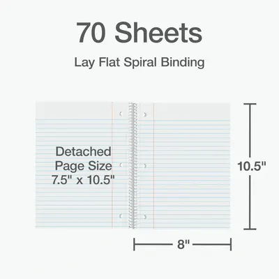 Communicates the exact physical dimensions of the notebook (8 inches x 10.5 inches) and detached page size (7.5 inches x 10.5 inches), along with the sheet count (70 sheets), to help shoppers…