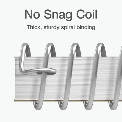 Highlights the physical construction of the spiral binding, emphasizing its thick, sturdy design that prevents snagging to reassure shoppers of durability and smooth functionality.