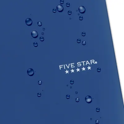 Communicates the Five Star brand identity while visually demonstrating the product's waterproof or water-resistant properties through water droplets on the surface.