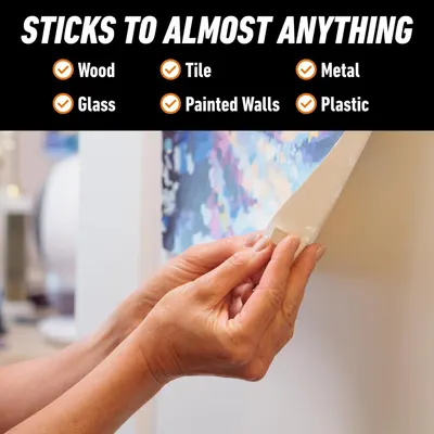 Demonstrates the product's versatility by showing it adheres to multiple surface types including wood, tile, metal, glass, painted walls, and plastic, reassuring shoppers it will work in their…