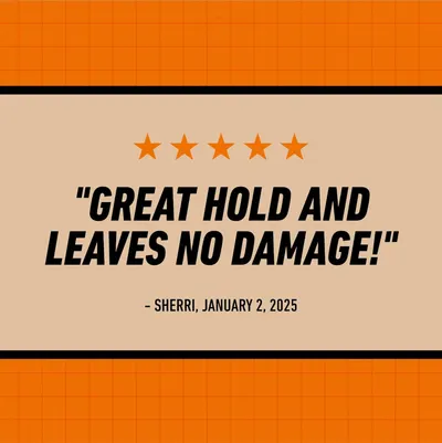 Builds trust and social proof by showcasing a positive customer review that highlights the product's strong hold and damage-free performance.