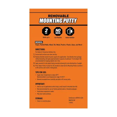 Communicates multiple key benefits of the mounting putty in a segmented layout with icons, showing weight capacity, clean application, and versatility to reassure shoppers of its performance.