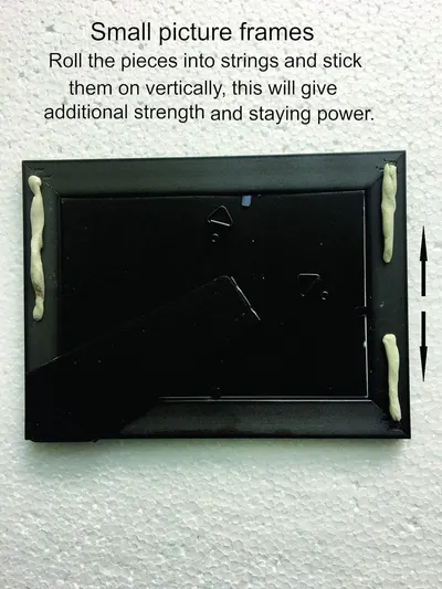 Demonstrates a specific installation method for small picture frames, instructing users to roll adhesive into strings and apply vertically for stronger mounting and staying power.