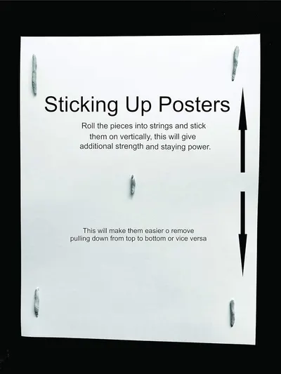 Provides step-by-step guidance on how to properly install posters using the product by rolling pieces into strings and applying vertically for better adhesion and easier removal.