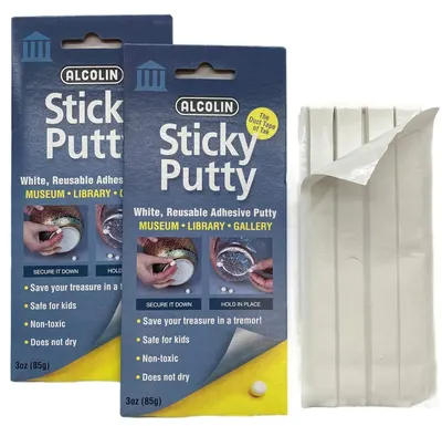 Shows the customer exactly what they will receive in the package: two boxes of Alcolin Sticky Putty and the white putty strips included inside.