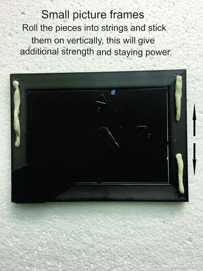 Instructs shoppers on the proper method to attach small picture frames using rolled adhesive strings applied vertically for enhanced strength and staying power.