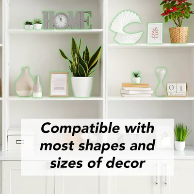 Demonstrates that the product (likely shelf organizers or decorative elements with green outlines) is compatible with various decor shapes and sizes, reassuring shoppers of its versatility in…