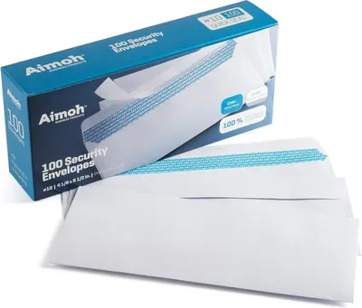 Shows the customer exactly what they receive when purchasing: a box of 100 security envelopes with the product displayed both inside the packaging and individually to demonstrate the security…