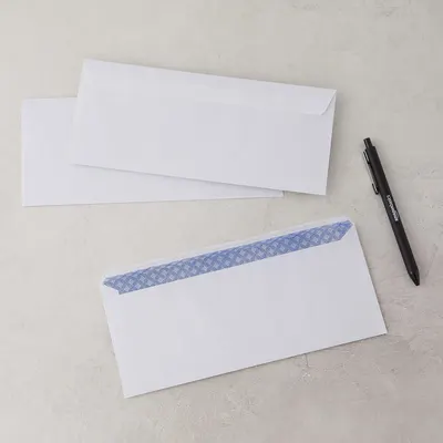 Shows the customer everything included in the purchase: multiple envelopes with security lining and a pen, demonstrating the complete package they will receive.