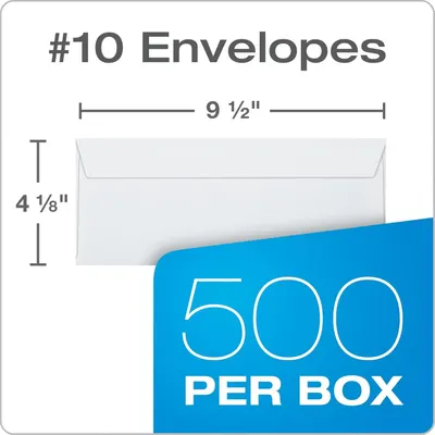 Communicates the exact physical dimensions of the #10 envelopes (9.5 x 4.125 inches) to help shoppers confirm the product fits their needs. Highlights the value proposition by showing that 500…
