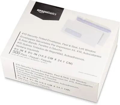 Provides a clean, catalog-style view of the AmazonBasics security-tinted envelopes packaging to show what the customer will receive.