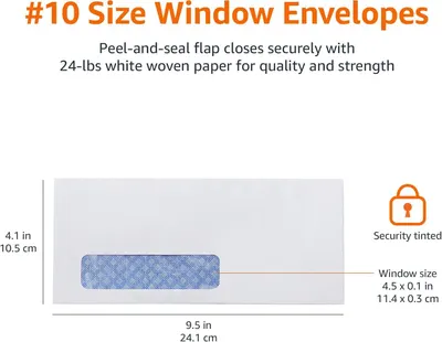 Communicates the exact physical dimensions of the #10 window envelope (9.5 x 4.1 inches) and window size (4.5 x 0.1 inches) to help shoppers confirm it fits their needs. Highlights the secure…