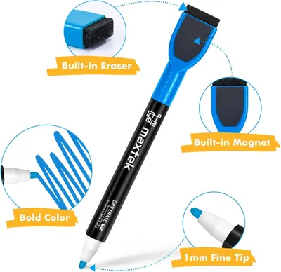 This image breaks down the marker's key physical components and features—eraser, magnet, bold color ink, and fine tip—to help shoppers understand the product's design and functionality.