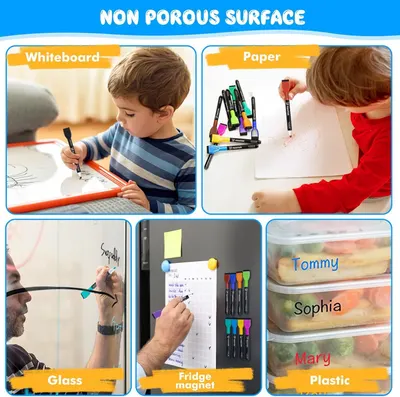 Demonstrates the multiple use cases and surfaces where the markers can be used, including whiteboard, paper, glass, fridge magnets, and plastic containers, reassuring shoppers of the product's…