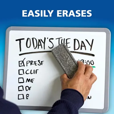 Demonstrates that the whiteboard eraser effectively removes marker writing, reassuring shoppers of the product's cleaning performance.