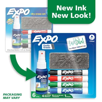 Shows the brand's updated packaging design and product lineup to inform shoppers of the new look while displaying the available product options in the Expo dry erase set.