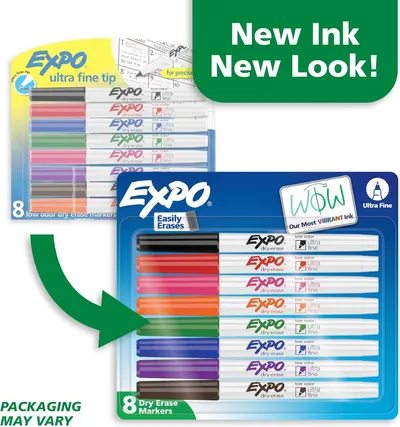 Communicates a brand refresh and packaging redesign to shoppers, showing the transition from old to new packaging while emphasizing the improved vibrant ink formula.