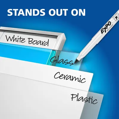Demonstrates that the EXPO dry erase marker works on multiple surfaces including white board, glass, ceramic, and plastic, reassuring shoppers of its versatility.