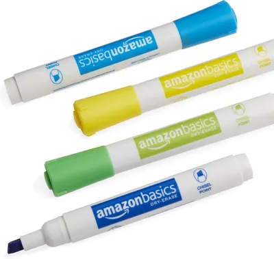 Showcases the AmazonBasics dry-erase marker product line with multiple color options (blue, yellow, green, dark blue) to help shoppers understand the variety available and choose the right option…
