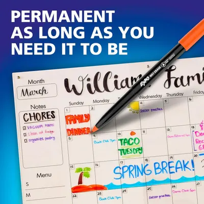 Communicates that the marker's ink is permanent and durable, reassuring shoppers that their writing on calendars and planners will last as long as needed.