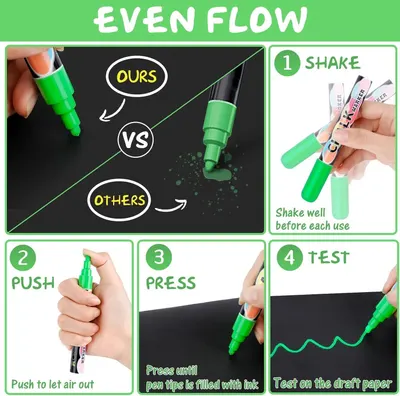 Provides clear step-by-step instructions on how to properly use the marker (shake, push, press, test) while demonstrating the product's even flow advantage over competitors. Visually demonstrates…