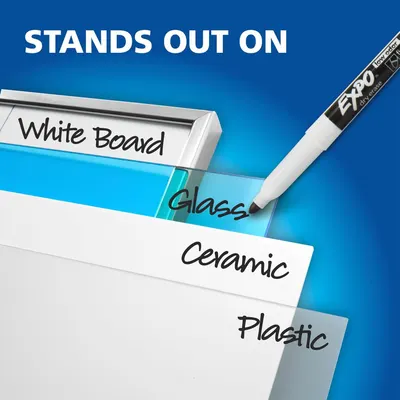 Demonstrates that the marker works on multiple surfaces including white board, glass, ceramic, and plastic, reassuring shoppers of its versatility and broad usability.