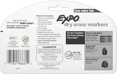 Showcases multiple distinct features of the Expo dry erase marker system in a segmented layout to help shoppers understand the various benefits and accessories available.
