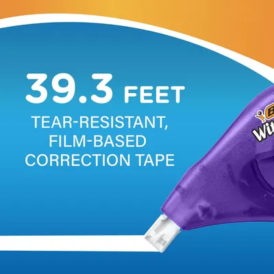 Communicates the impressive length of the correction tape (39.3 feet) and its tear-resistant, film-based construction to reassure shoppers of the product's value and durability. Highlights the…