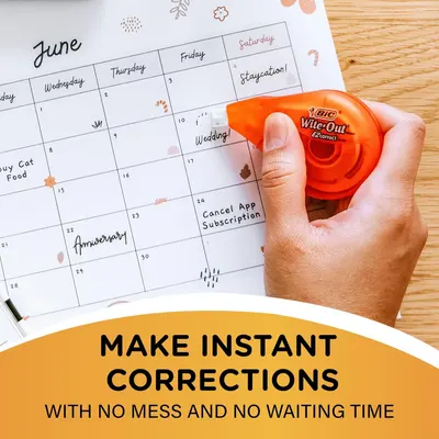 Demonstrates the product's ability to make quick, clean corrections on paper without mess or drying time, reassuring shoppers of its convenience and ease of use.