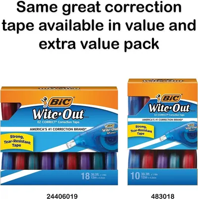 Helps shoppers choose between two pack sizes of the same BIC Wite-Out correction tape product by showing the 18-count and 10-count options side by side.