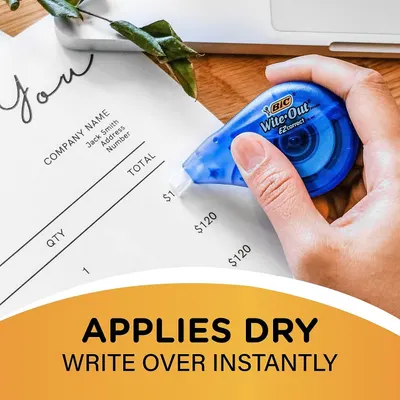 Demonstrates the product's key benefit of applying dry and allowing instant writing over corrections, reassuring shoppers of quick, clean error correction without waiting time.