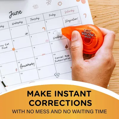 Demonstrates the product's ability to make quick, clean corrections on paper without mess or drying time, showing real-world application on a calendar.