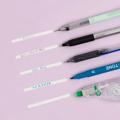Displays the brand's product portfolio of different writing instruments (pencil, ballpoint pen, gel pen, marker) to help shoppers understand the variety of options available and choose the right…