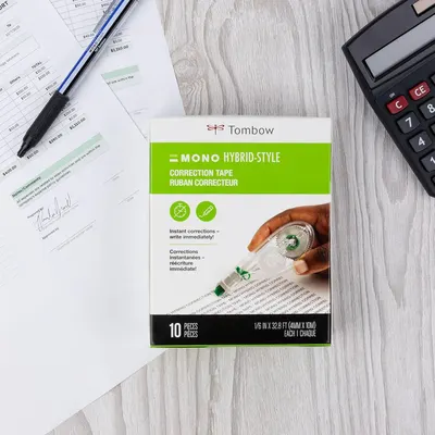 Communicates multiple key benefits of the correction tape: instant corrections with immediate write-over capability, using a visually segmented layout with icons and bilingual text to highlight the…