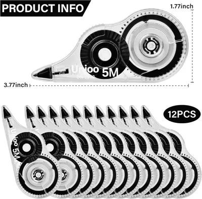 Communicates the exact physical dimensions of the correction tape dispenser (3.77 x 1.77 inches) to help shoppers understand the product's size and portability. Shows that the purchase includes 12…