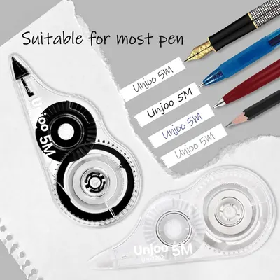 Demonstrates that the correction tape is compatible with most pen types, reassuring shoppers of its versatility and broad usability. Shows the product works with multiple pen types including…