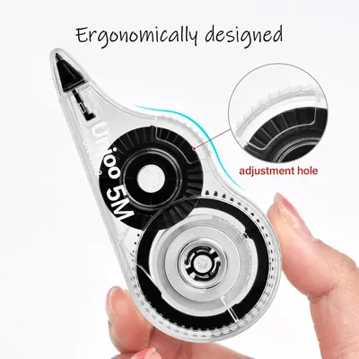 Highlights the physical components and ergonomic design of the correction tape, specifically pointing out the adjustment hole feature to help shoppers understand the product's construction and…
