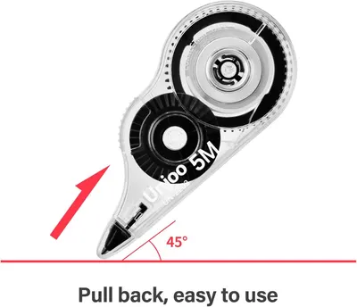 Demonstrates the simple pull-back operation of the correction tape dispenser, reassuring shoppers that the product is intuitive and easy to use. Highlights the user-friendly design and simple…