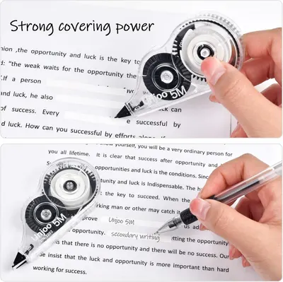 Demonstrates the correction tape's strong covering power by showing it effectively covering printed text, reassuring shoppers that it provides complete, opaque coverage for corrections.