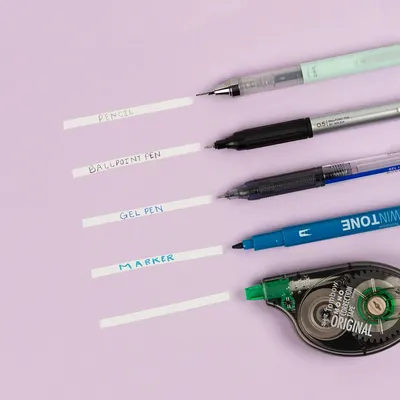 Displays the brand's product portfolio of different writing instruments (pencil, ballpoint pen, gel pen, marker, correction tape) to help shoppers understand the variety of options available and…