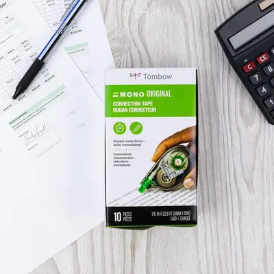 Communicates multiple key benefits of the correction tape in a segmented layout with icons and text, showing shoppers that the product allows instant corrections and immediate writing over the…