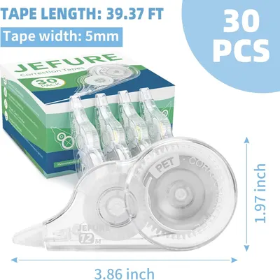Shows the customer exactly what they receive in the package—30 correction tape dispensers with specific dimensions and tape length—to communicate value and set clear expectations about the bundle…