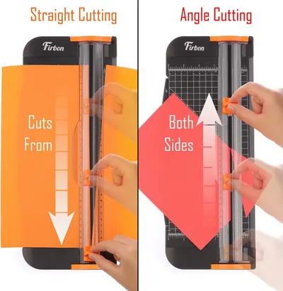 Demonstrates the two cutting modes of the paper trimmer, showing shoppers how to use the product for both straight cuts and angle cuts. Highlights the dual functionality of the paper trimmer with a…
