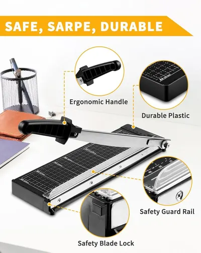 This image breaks down the physical components and safety features of the paper cutter to reassure shoppers about its quality construction and safe design. Highlights the safety features of the…