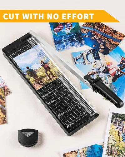 Communicates that the paper trimmer cuts photos and materials easily with no effort required, emphasizing ease of use and convenience.