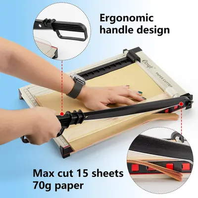 Highlights the ergonomic handle design and maximum cutting capacity (15 sheets of 70g paper) to reassure shoppers about comfort and performance capabilities. Communicates multiple distinct benefits…