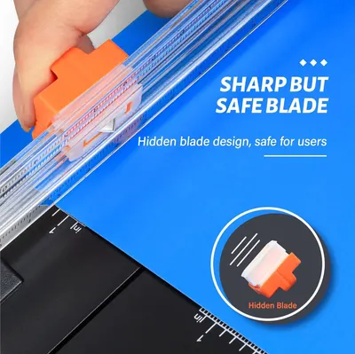 Communicates that the product features a hidden blade design that keeps users safe from accidental cuts while maintaining sharp cutting performance. Highlights the key benefit that the blade is…