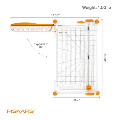 Communicates the exact physical dimensions (17.53" x 15.03" x 9.2"), weight (1.03 lb), and expandability (expands to 15") of the paper trimmer to help shoppers understand its size and portability.