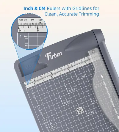 Highlights the paper trimmer's dual inch and centimeter rulers with gridlines, emphasizing precision and accuracy for clean trimming tasks.