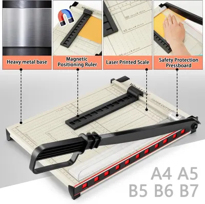 This image breaks down the paper cutter's key physical components and structural features to help shoppers understand what makes the product well-designed and functional.